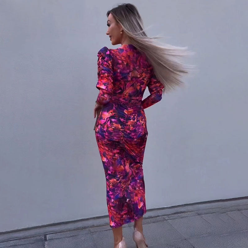 Romina | Bedrucktes Midikleid mit langen Ärmeln und Blumenmuster