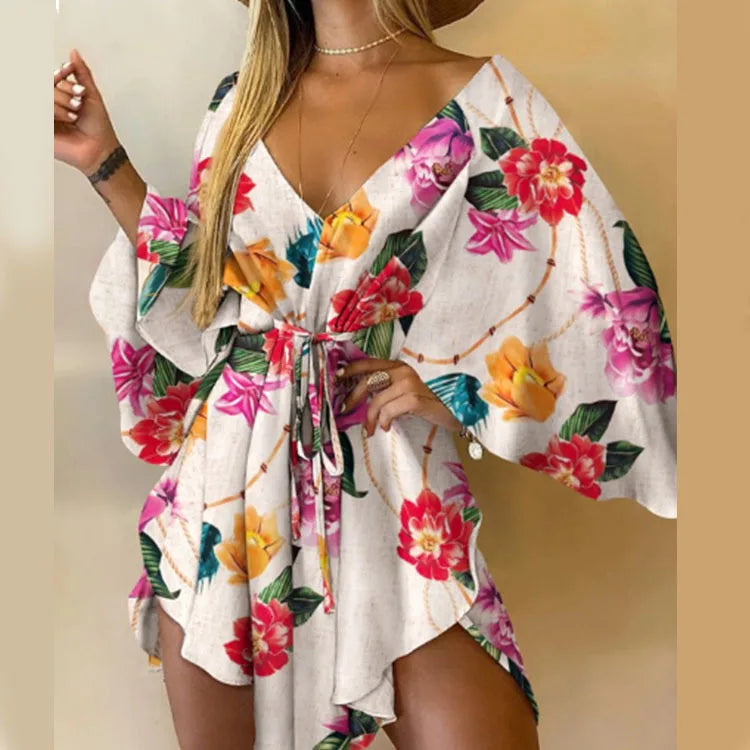 Daisy | Boho-Minikleid mit Blumenmuster und V-Ausschnitt